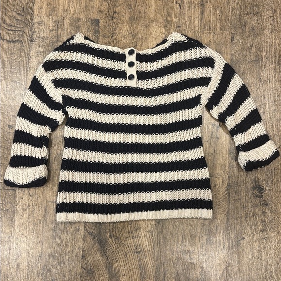 Topshop Off-Shoulder Sweater in Dark Blue and Cream Stripes. 100% Wool. - Picture 8 of 11
